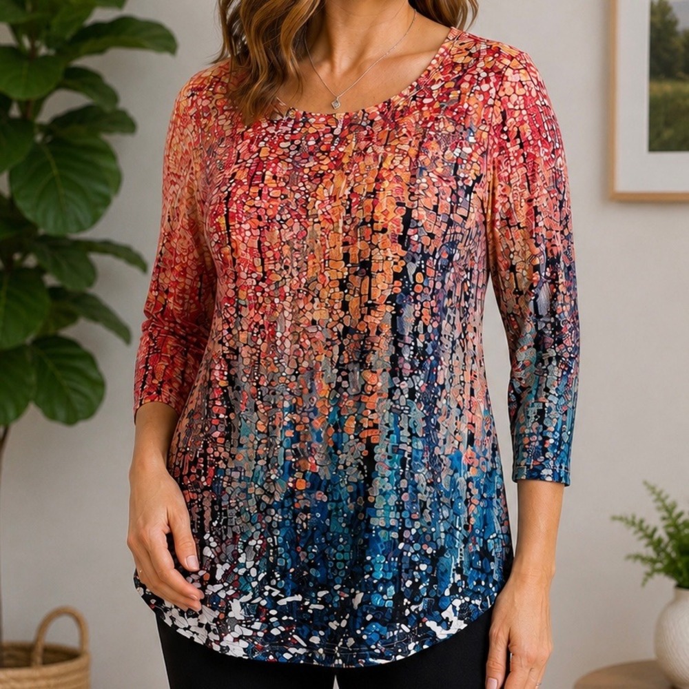 Women's Abstract Mosaic Print Top XL 3/4 Sleeve Colorful Artistic Stretch Blouse